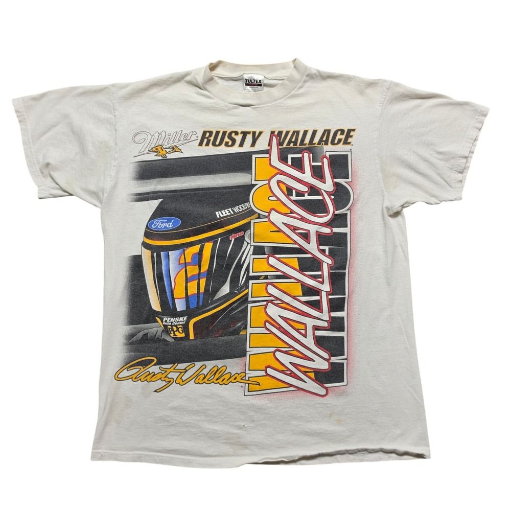 VINTAGE Rusty Wallace T-Shirt Mens XL White NASCAR Miller Racing Tee